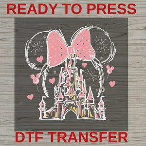 Minnie Disney Castle DTF Transfer, Pink Bow Disney Girl Iron-On, First Disney Trip Family Matching Ready to Press, Disney Girl Trip Decal image 1