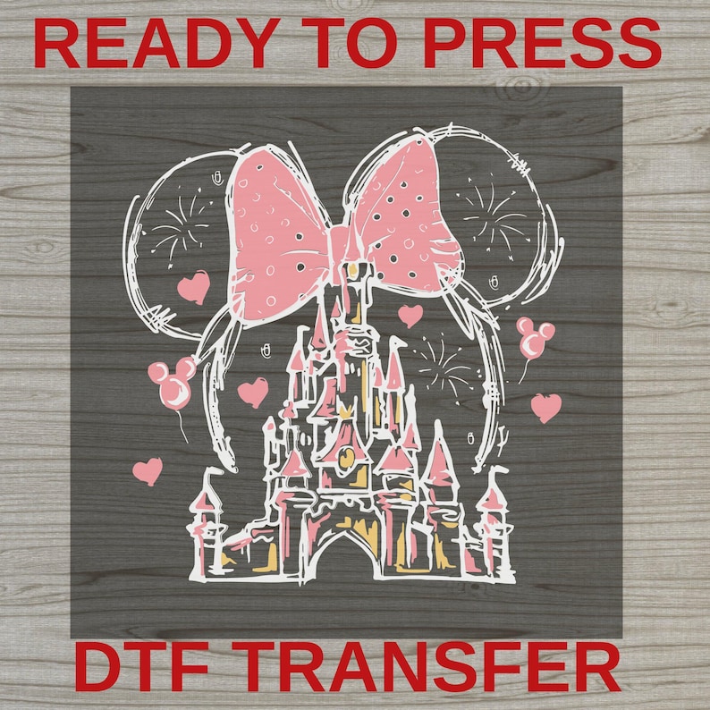 Minnie Disney Castle DTF Transfer, Pink Bow Disney Girl Iron-On, First Disney Trip Family Matching Ready to Press, Disney Girl Trip Decal image 1