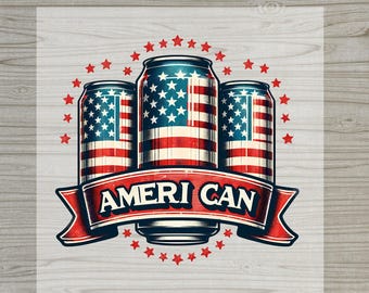 Ameri Can DTF Transfer, Premium Patriotic Beer Can Iron On, 4th of July USA Flag Illustration, Red White Blue Summer Ready to Press Decal