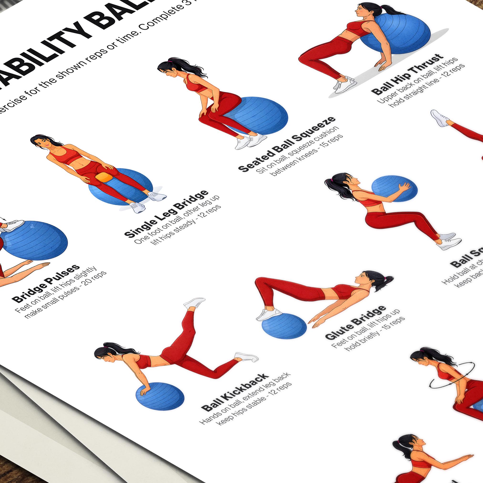 Stability Ball Glutes Workout Printable Chart Poster Home Gym Lower ...