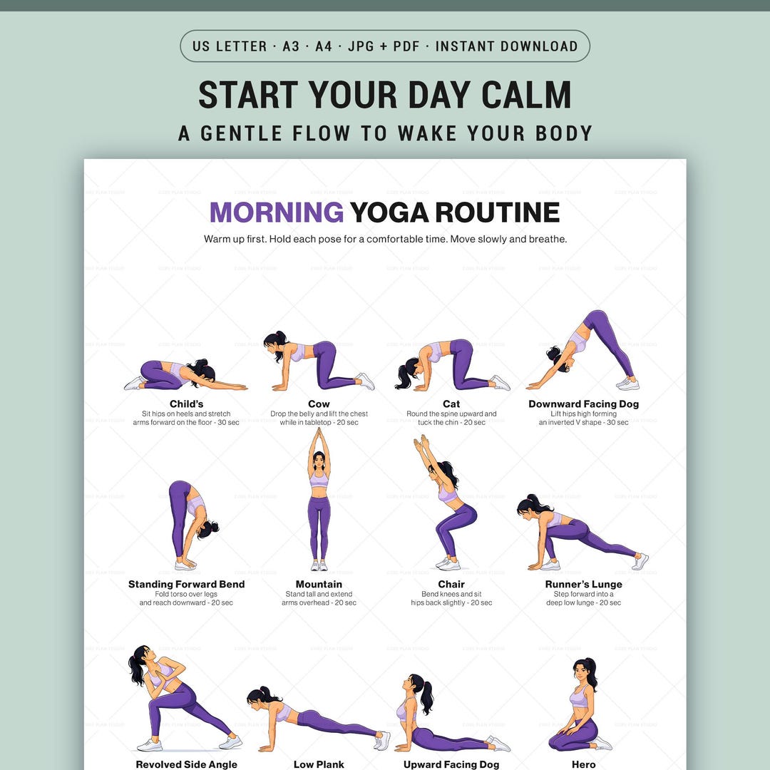 Morning Yoga Routine Printable Poster, 16 Poses Chart Beginner Friendly ...