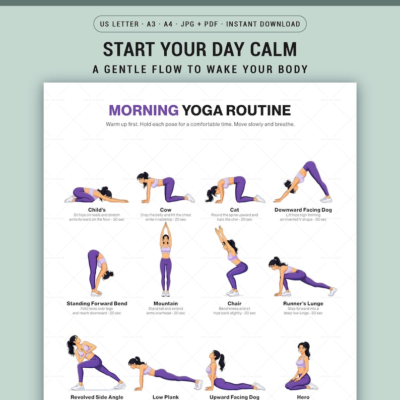Morning Yoga Routine Printable Poster, 16 Poses Chart Beginner Friendly ...