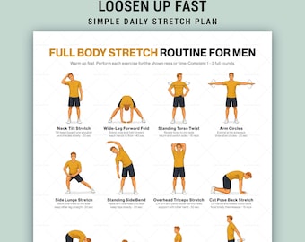 Rutina diaria de estiramientos para hombres (póster imprimible), tabla de flexibilidad corporal completa y guía para el gimnasio en casa.