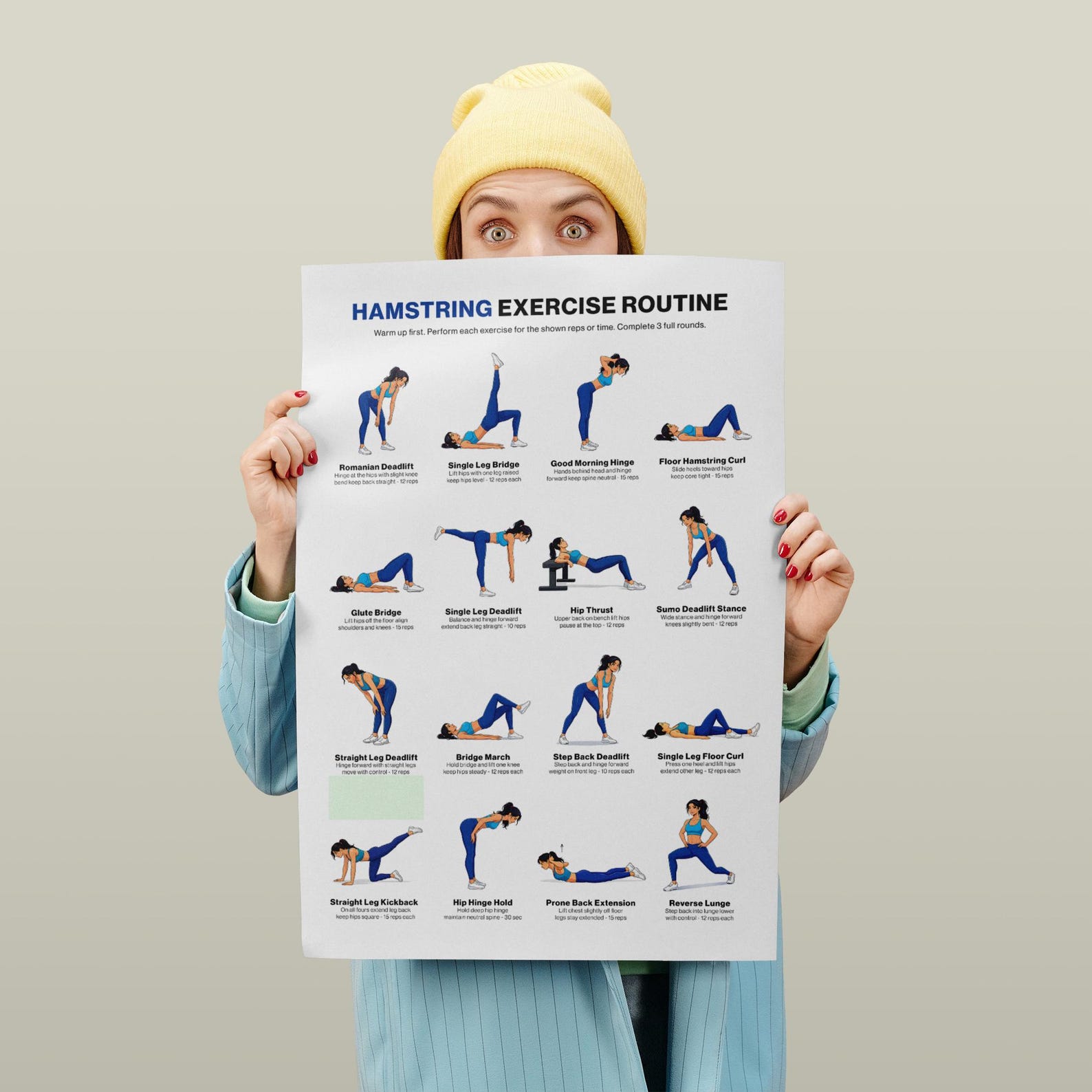 Hamstring Workout Chart Printable Poster for Glutes and Leg Day ...