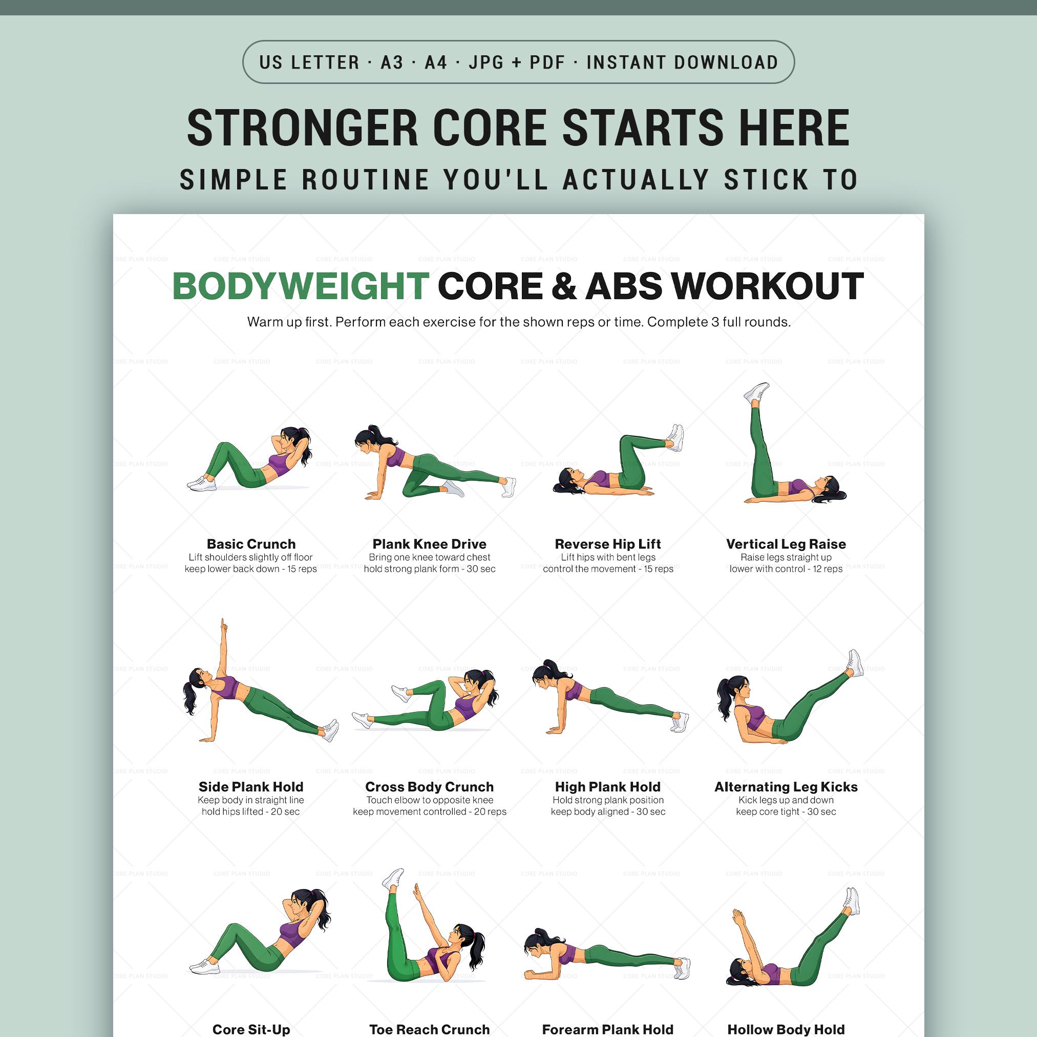 Bodyweight Core Abs Workout Poster Printable Chart Home Gym Abdominal ...