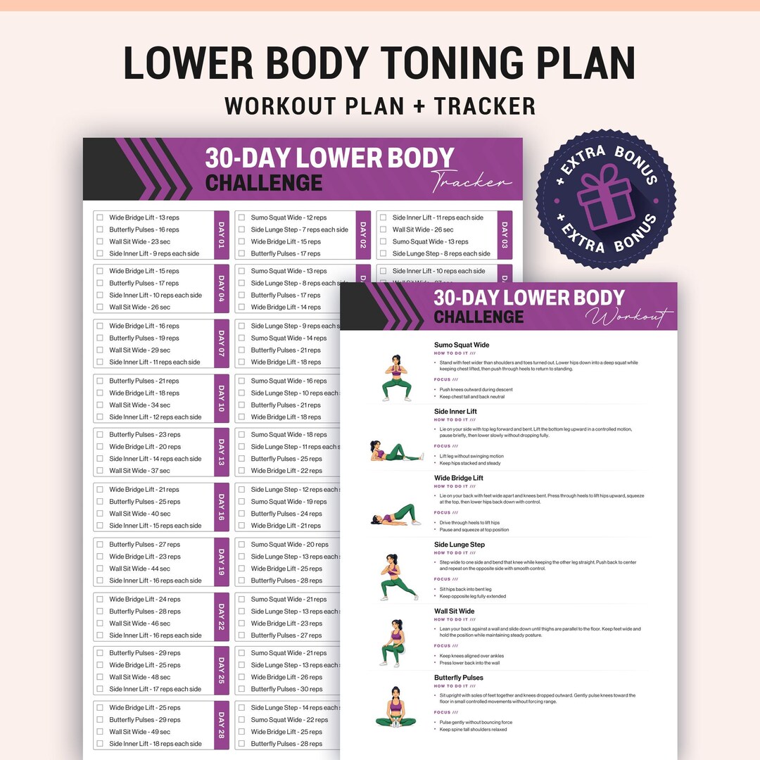 Lower Body Toning Challenge Printable 30 Day Workout Tracker Beginner ...