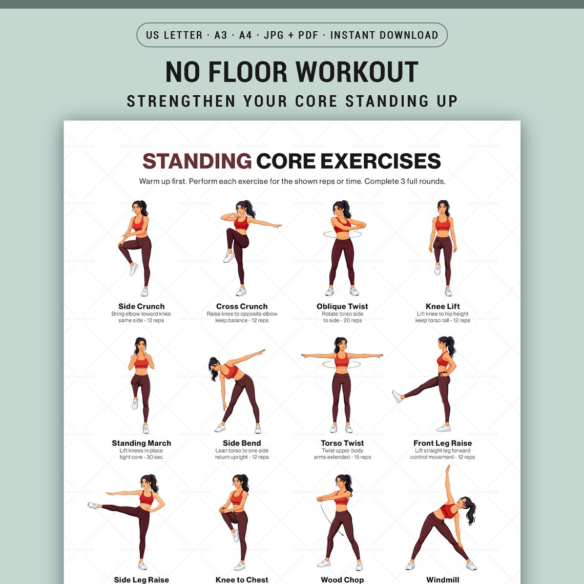 Standing Core Workout Printable Poster, Gentle Low Impact Balance and ...