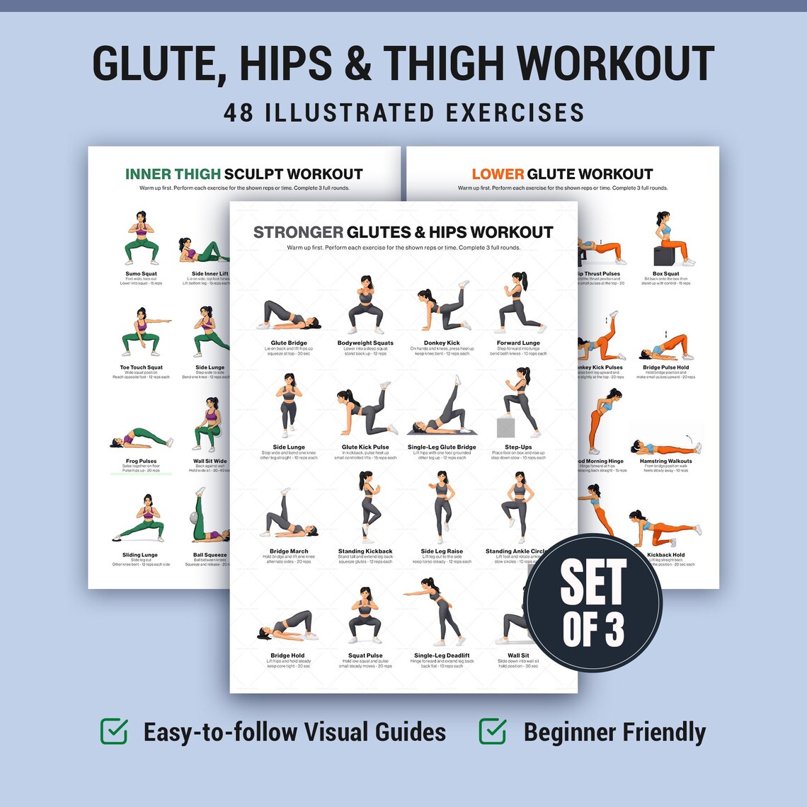 Glute Hips Thigh Workout Poster Set, 3 Printable Lower Body Exercise ...