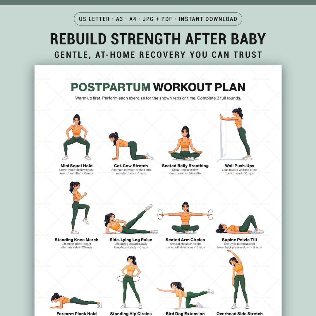 Postpartum Workout Printable for New Moms Gentle Home Recovery Exercise ...
