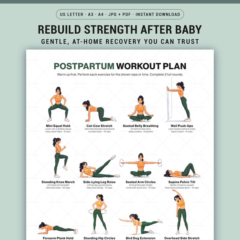 Postpartum Workout Printable for New Moms Gentle Home Recovery Exercise ...