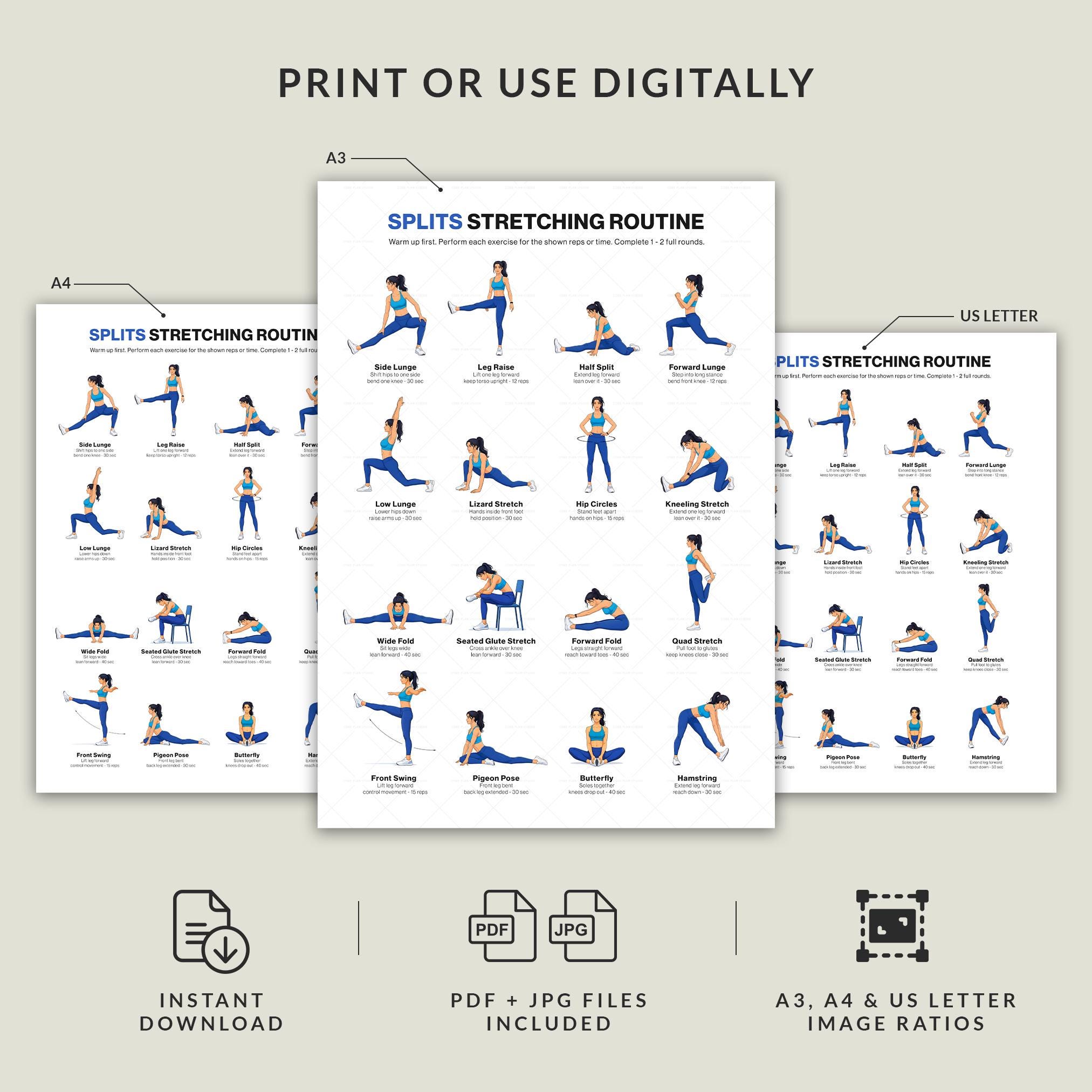 Split Stretch Routine E Splits Stretching Chart Printable Leg Flexibility Routine Poster ...