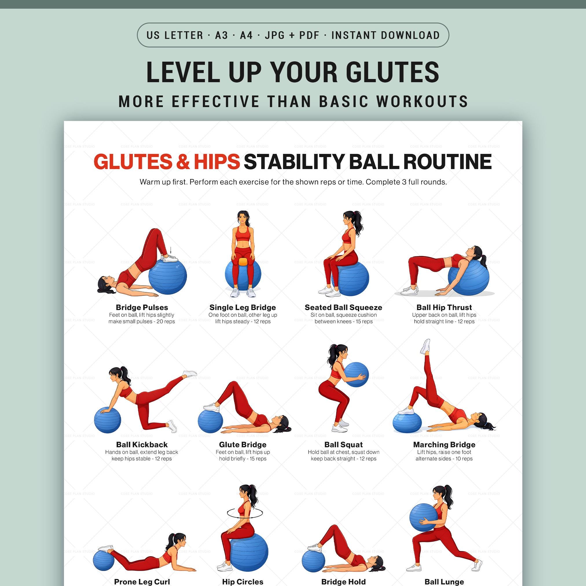 Stability Ball Glutes Workout Printable Chart Poster Home Gym Lower ...