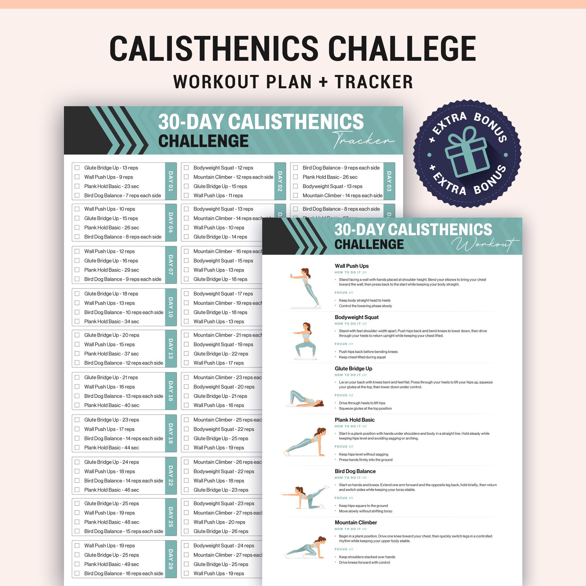 30 Day Calisthenics Challenge Printable, Daily Bodyweight Workout Tracker, No Equipment Full ...