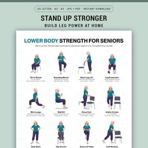 Printable Lower Body Exercises for Seniors Chair and Standing Workout Chart Home Balance Poster