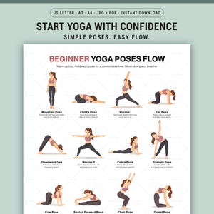 Beginner Yoga Poses Chart Printable for Beginners, Yoga Pose Reference, Illustrated Home Exrcises Poster