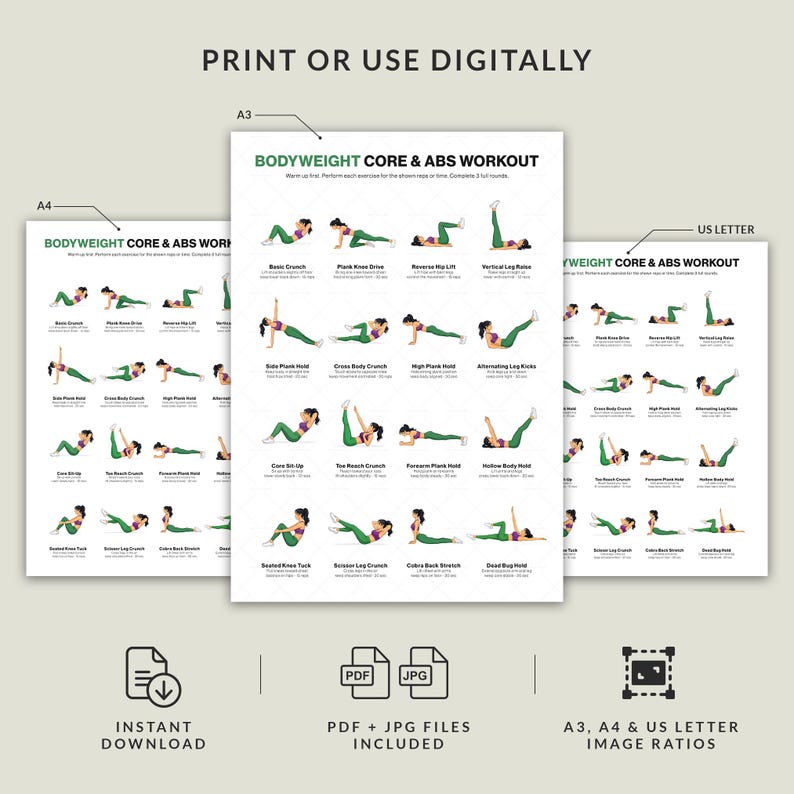 Bodyweight Core Abs Workout Poster Printable Chart Home Gym Abdominal ...