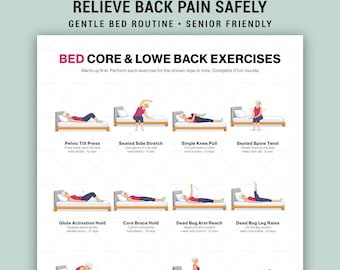 Poster stampabile di esercizi per la parte bassa della schiena per anziani: routine leggera e a basso impatto.