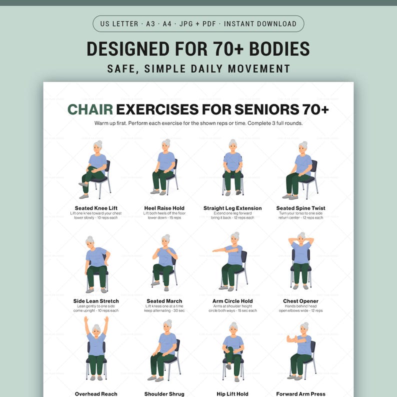 Chair Exercises for Seniors Printable Poster Gentle Seated Workout ...