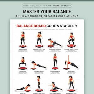 Op de afbeelding: Een afdrukbare trainingsgids getiteld "Master Your Balance" met oefeningen voor core en stabiliteit. De gids bevat illustraties van oefeningen zoals Balance Hold, Mountain Climbers en Side Plank. De gids is direct te downloaden.