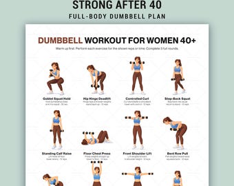 Póster imprimible de ejercicios con mancuernas para mujeres mayores de 40 años para todo el cuerpo en casa.