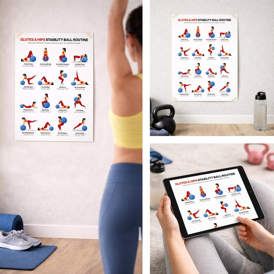 Stability Ball Glutes Workout Printable Chart Poster Home Gym Lower ...