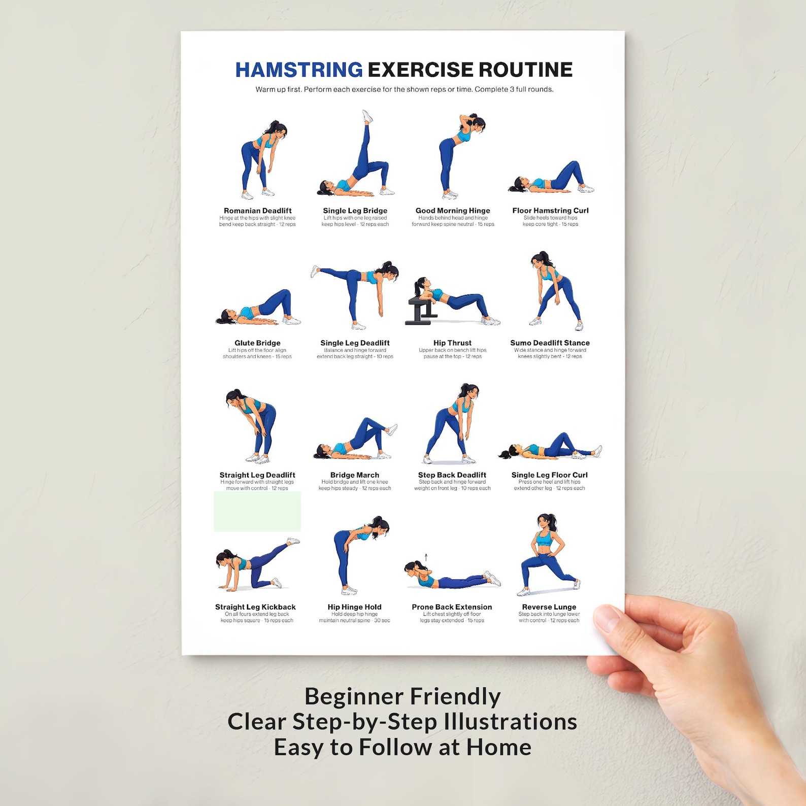 Hamstring Workout Chart Printable Poster for Glutes and Leg Day ...