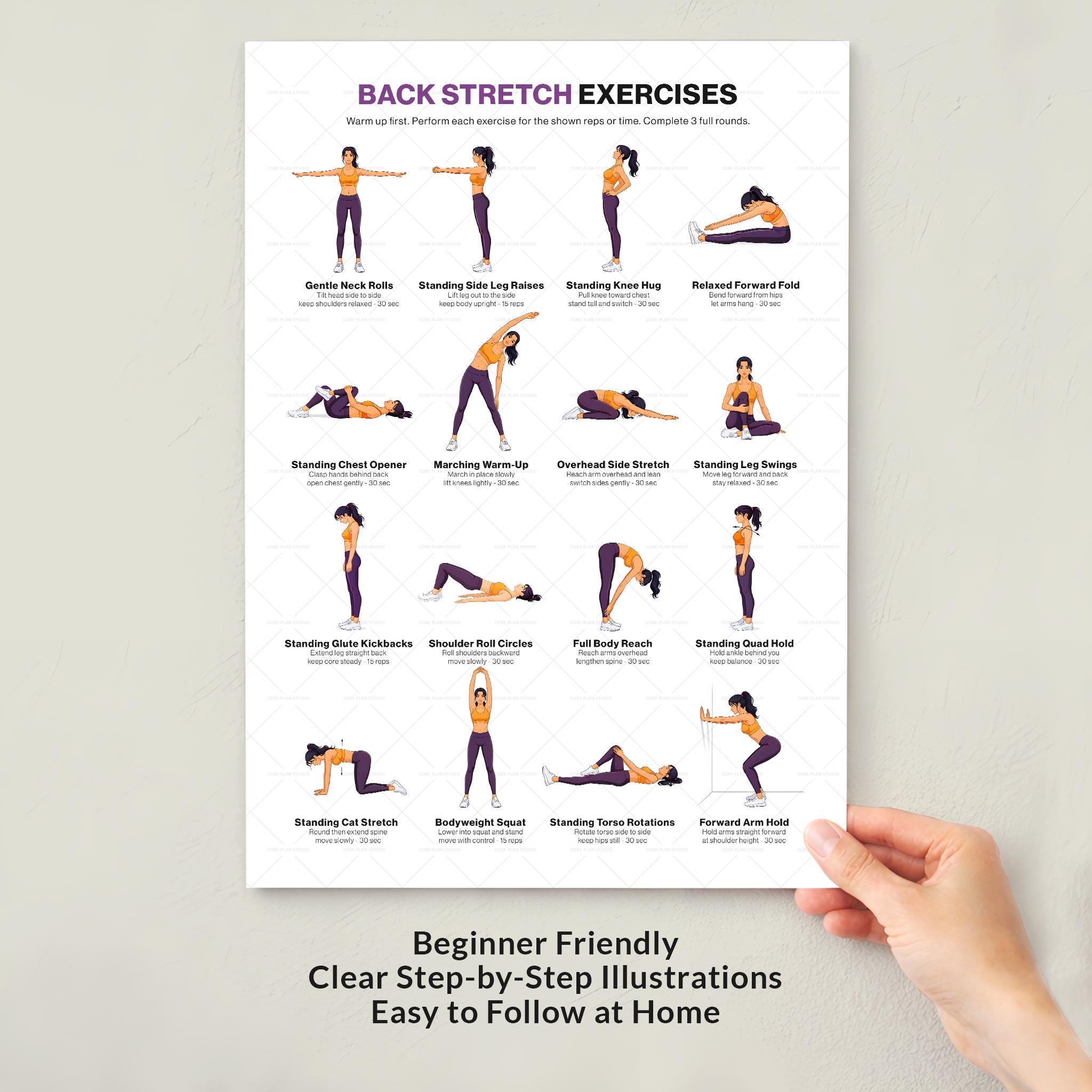 Back Stretch Exercises Chart Printable Poster Upper Lower Spine ...