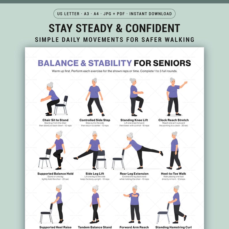 Balance Stability Exercises for Seniors Printable Gentle Home Training ...