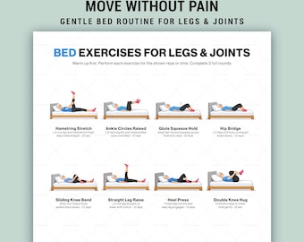 Esercizi per le gambe a letto (stampabili), tabella di routine per la mobilità degli anziani, poster guida per esercizi articolari delicati
