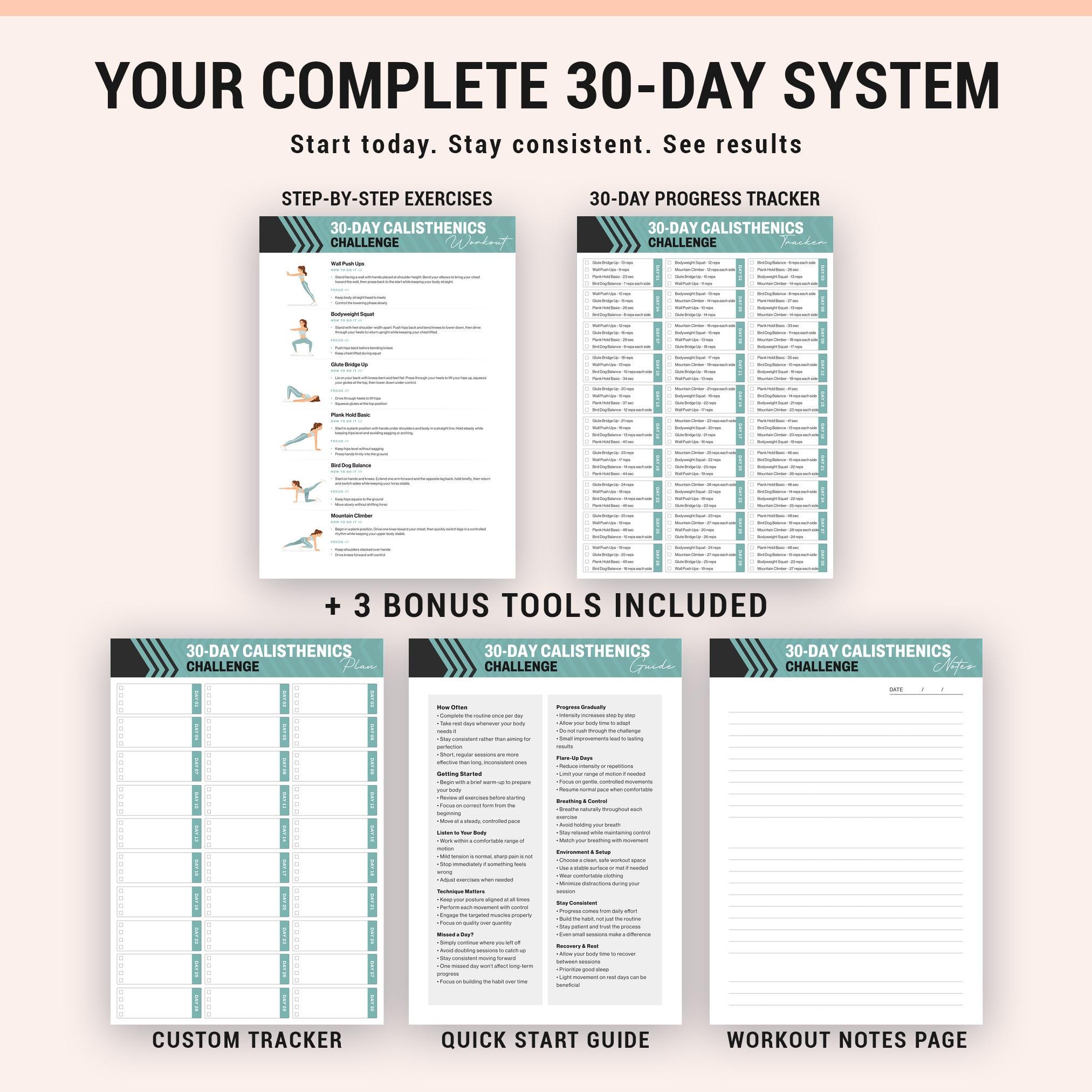 30 Day Calisthenics Challenge Printable, Daily Bodyweight Workout ...