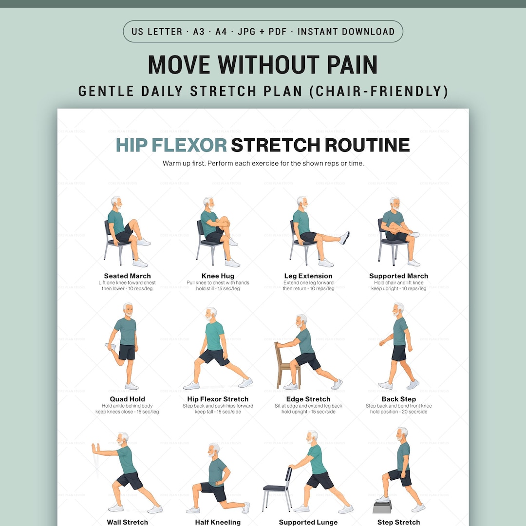 Hip Flexor Stretch Routine for Seniors Printable Chart, Gentle Chair ...