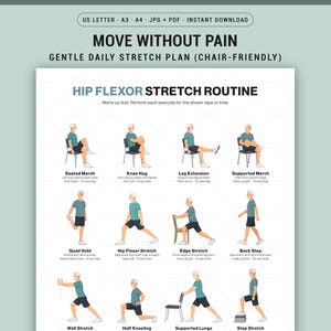 Hip Flexor Stretch Routine For Seniors Printable Chart, Gentle Chair Mobility Exercise Guide