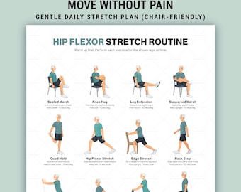 Hip Flexor Stretch Routine For Seniors Printable Chart, Gentle Chair Mobility Exercise Guide