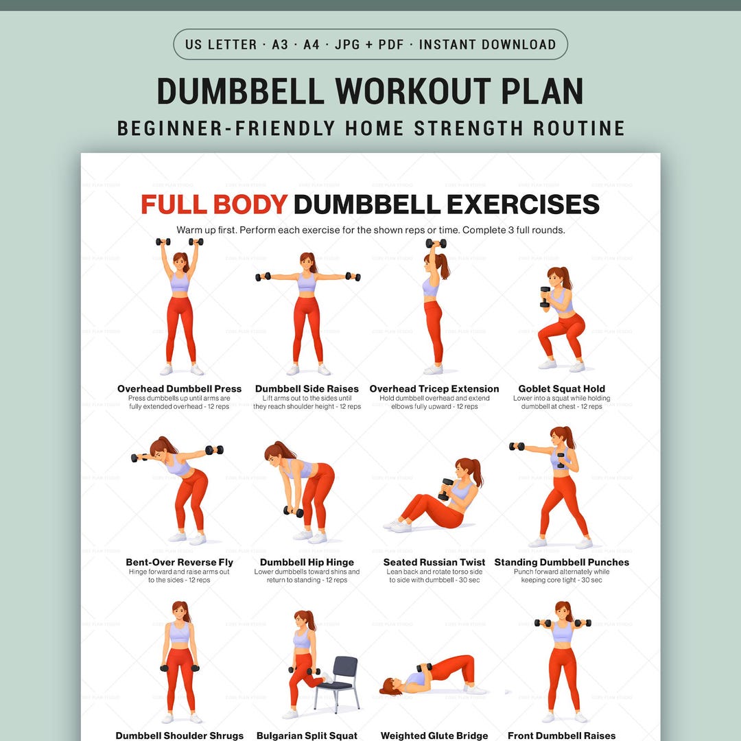 Full Body Dumbbell Workout Chart Printable for Beginners, Home Exercise ...