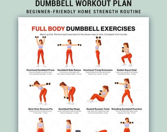 Afdrukbaar schema halter voor het hele lichaam voor beginners, thuistrainingsroutine, geïllustreerde muurposter