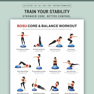 Bosu Ball Balance Workout Poster For Home Core Stability Training Printable Chart Women Wall