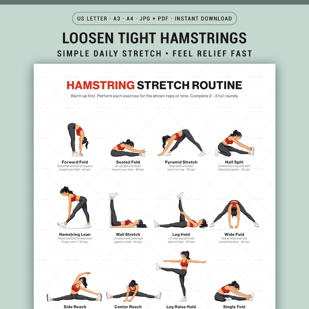 Hamstring Stretch Routine Printable Poster, Leg Flexibility Chart for ...