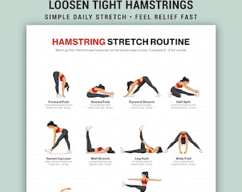 Poster stampabile con esercizi di stretching per i muscoli posteriori della coscia, tabella di flessibilità delle gambe per allenamenti a casa.