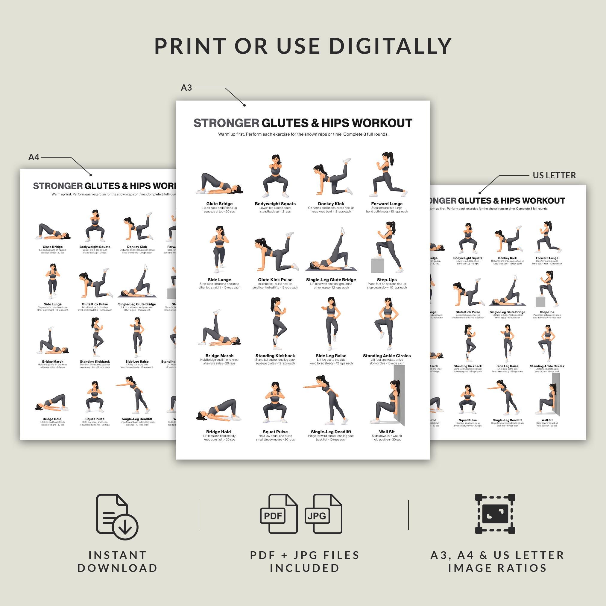 Glute and Hips Workout Poster Printable Lower Body Home Gym Chart for ...
