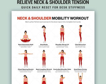 Poster stampabile con esercizi di mobilità per collo e spalle - Routine da ufficio senza attrezzi - Guida allo stretching