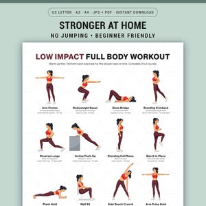 Puede incluir: Una guía de ejercicios imprimible titulada "Stronger at Home" con ejercicios de cuerpo completo de bajo impacto. La guía incluye ilustraciones de ejercicios como círculos de brazos, sentadillas, puentes de glúteos y zancadas. El texto en la parte superior indica que es apto para principiantes.
