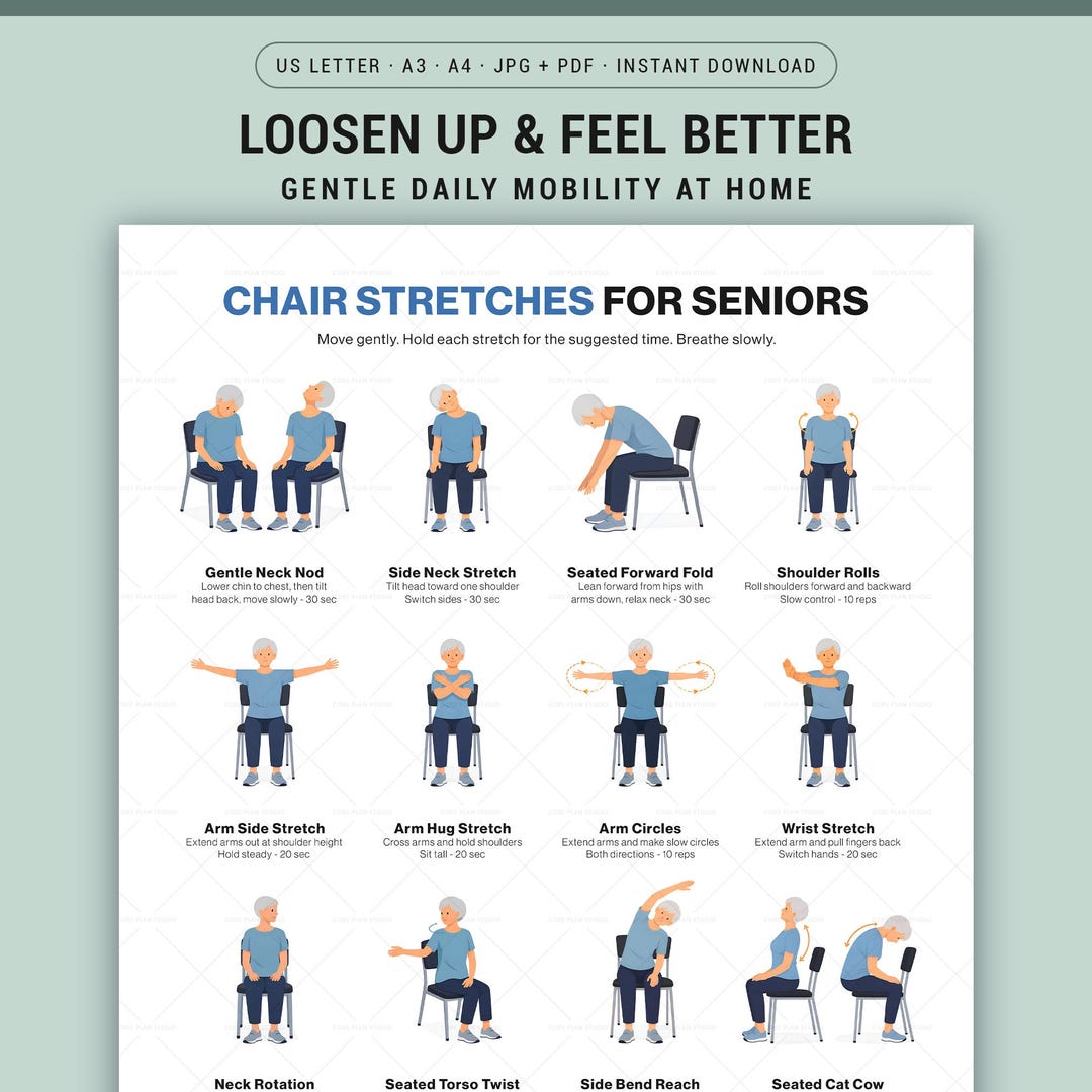 Gentle Mobility Routine Chair Stretches for Seniors Printable Seated Stretch Chart for Older ...