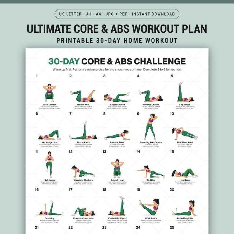 30 Day Core Abs Challenge Printable Poster for Home Workout Wall Decor ...