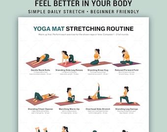 Routine di stretching per tappetino yoga, poster stampabile per la flessibilità di tutto il corpo, guida allo yoga a casa per principianti.