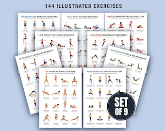 Set di poster per allenamenti a corpo libero per tutto il corpo, 9 schemi, pacchetto stampabile per il fitness a casa.