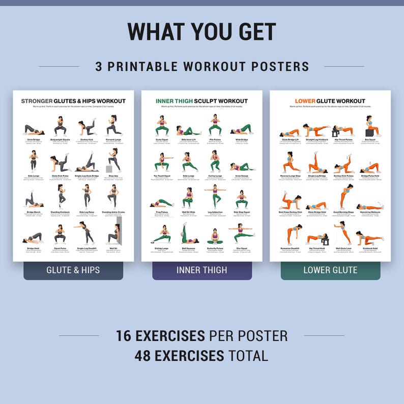Glute Hips Thigh Workout Poster Set, 3 Printable Lower Body Exercise ...