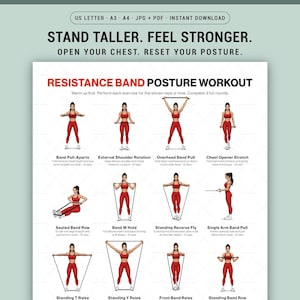 Resistance Band Posture Exercises Printable Poster, Back Shoulder Stretch Chart, Home Workout Wall Art