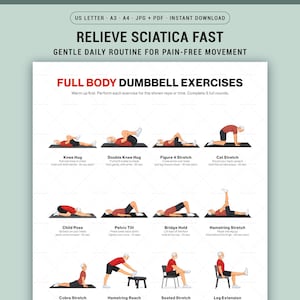 May include: A printable exercise guide with the text "RELIEVE SCIATICA FAST" and "FULL BODY DUMBBELL EXERCISES." The guide illustrates various stretches, including Knee Hug, Double Knee Hug, and Hamstring Stretch, with instructions for each.