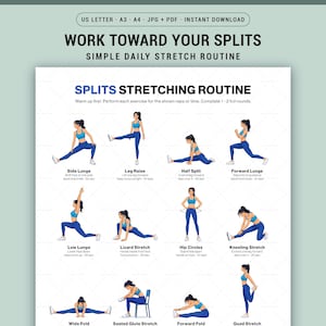 Può includere: Una guida di allenamento stampabile intitolata "Work Toward Your Splits" con una semplice routine di stretching quotidiana. La guida presenta illustrazioni di vari esercizi di stretching, tra cui affondi laterali, sollevamenti delle gambe e piegamenti in avanti. Il testo include istruzioni e nomi degli esercizi.