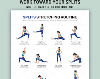 Tabella di stretching per spaccate, poster stampabile per la routine di flessibilità delle gambe, allenamento a casa per i muscoli posteriori della coscia e l'anca.